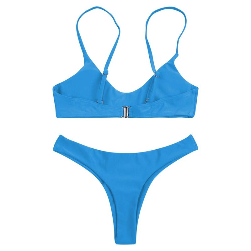 SherryDC Women's Solid Scoop Neck Push up Padded Brazilian Thong Bikini Swimsuit,Lake Blue,(US 8-10) L - Image 3